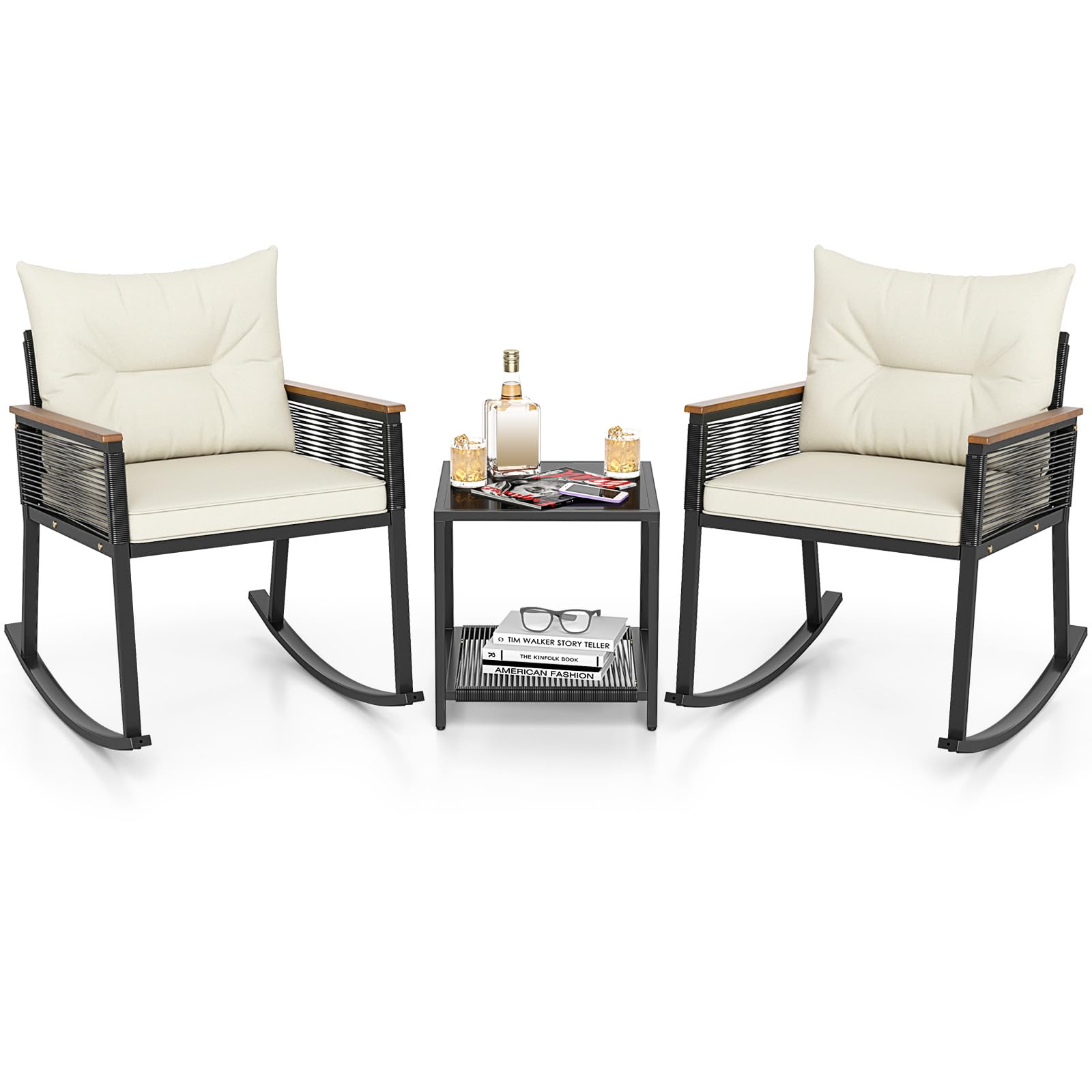 Tangkula 3 Piece Patio Rocking Bistro Set Outside Wicker Rockers